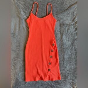 Orange Ribbed Dress with Button Detail